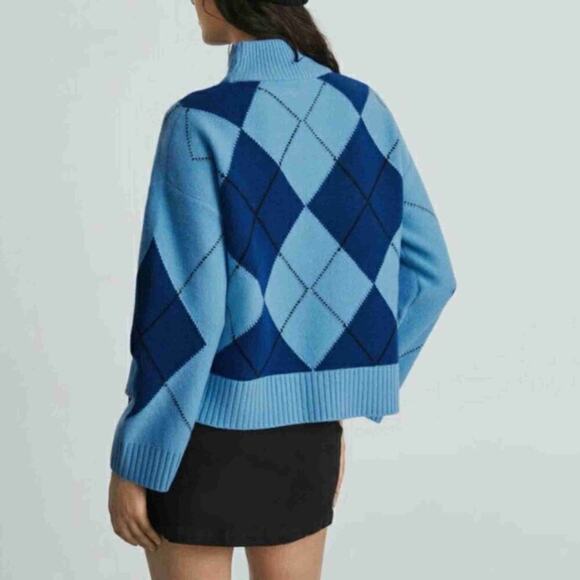 NWT Everlane Blue Navy Argyle Mock Turtleneck Wool Pullover Sweater Size L - Picture 4 of 12